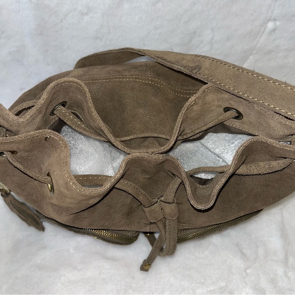 Crown Vintage Suede Drawstring Satchel Handbag. Brown with Gold Stud Accents - Picture 10 of 15